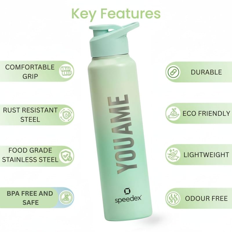 Image of Speedex Engraved Name Stainless Steel Sipper Water Bottle 1 Ltr - Customised Personalised Bottle for Kids & Adults, School, Gym, Sports, Dual Green, Set of 1