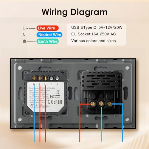BSEED Touch Lichtschalter mit Steckdose Schuko Unterputz Steckdose mit USB C 20W Schnellladegerät USB Type C 1 Fach 1 Weg Wandsteckdose mit Glas Panel Geeignet für Phone, Pad, MP3 und mehr-Schwarz