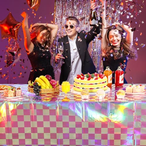 6 Pack Pink and Iridescent Checkered Plastic Tablecloth, Shiny Disposable Laser Rectangle Table Covers, Holographic Foil Tablecloth Iridescent Party Decorations for Picnic Camping Outdoor, 54x108Inch by FunnyPars - Used condition - Image 7