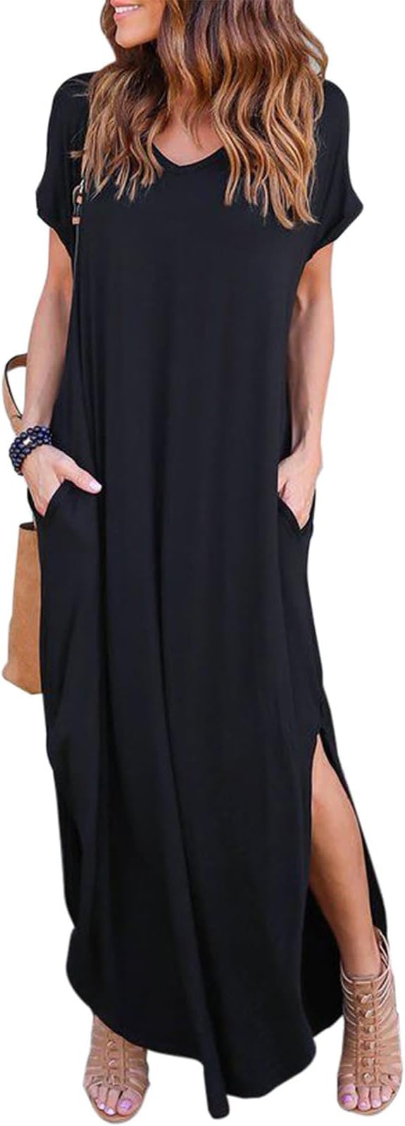 Women's Summer Maxi Dress Casual Loose Pockets Long Dress Short Sleeve Split Maxi Dresses
