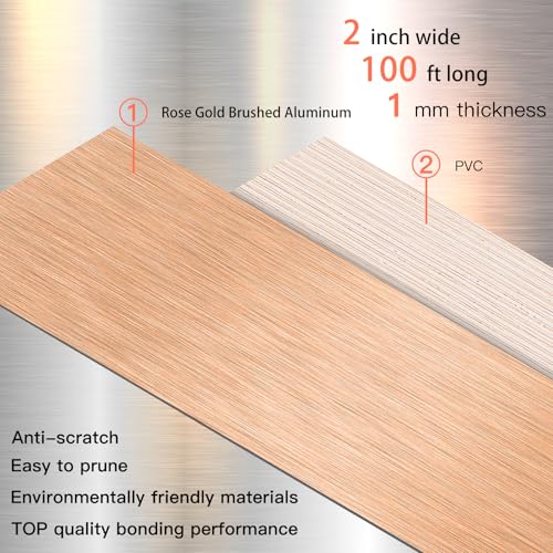 Image of GSCIT Club Rose Gold Edge Banding, 2 Inch x 100ft Aluminum Brushed Edge Banding PVC Edge Trim for Cabinet Repair Furniture