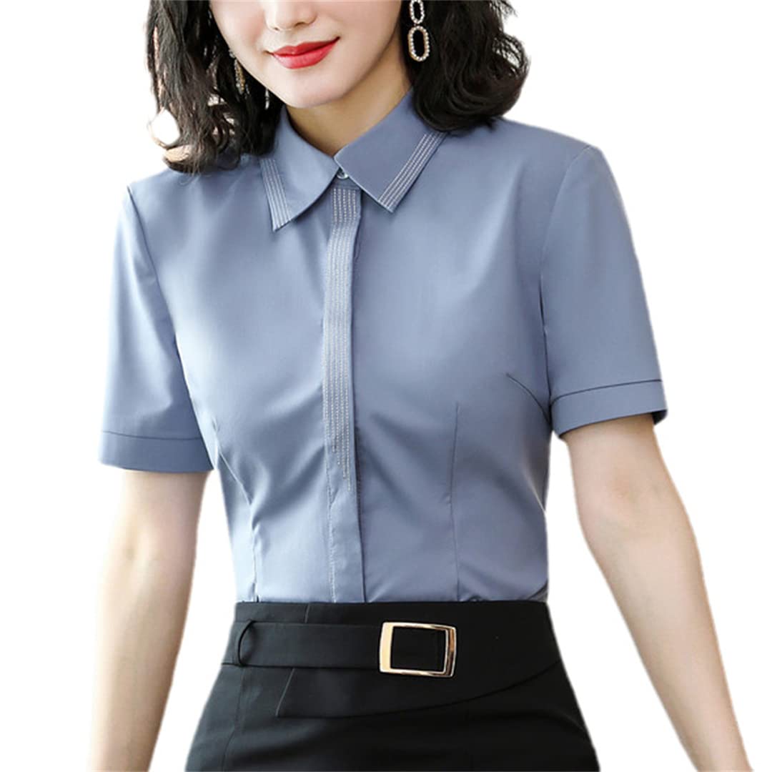 Camisa con Botones para Mujer Blusa de Negocios de Manga Corta con Cuello en V para el Trabajo Oficina Blusas Formales de Verano Gray XXL