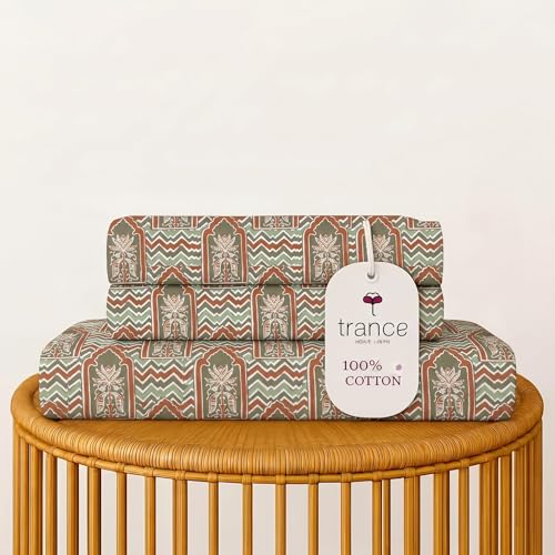 Image of Trance Home Linen 100% Cotton 144TC Elastic Fitted Bedsheet | Printed King Bed Size Elasticated Fitted Bedspread with 2 Pillow Covers (King 78x72 inch, Mihrab Green)