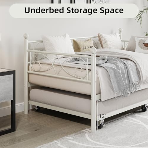 Twin Daybed with Trundle, Metal Trundle Bed, White