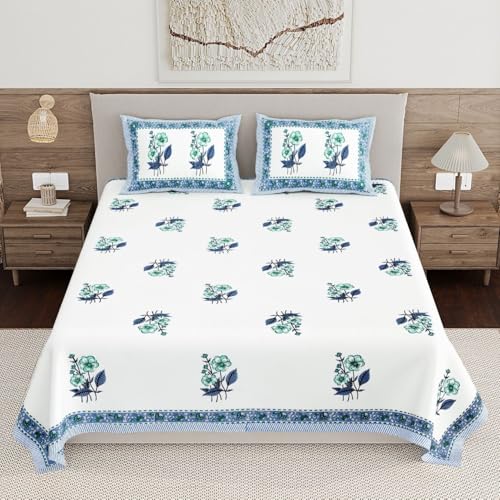 Image of Living Roots Ethnic Jaipur Block Print Double Cotton Bedsheet & 2 Pillow Covers, for Mattress Upto 6 inches Thick, No Colour Bleeding, Blue & Green Colour, King Size 90 * 108 inches, 120TC (613-A)