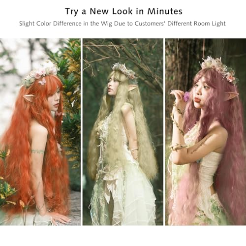 Image of Rose bud Rapunzel Wigs Long Wavy Curly Wig with Fringe Blonde Wigs for Women Cosplay Costume Synthetic 39 inch Lolita Wig