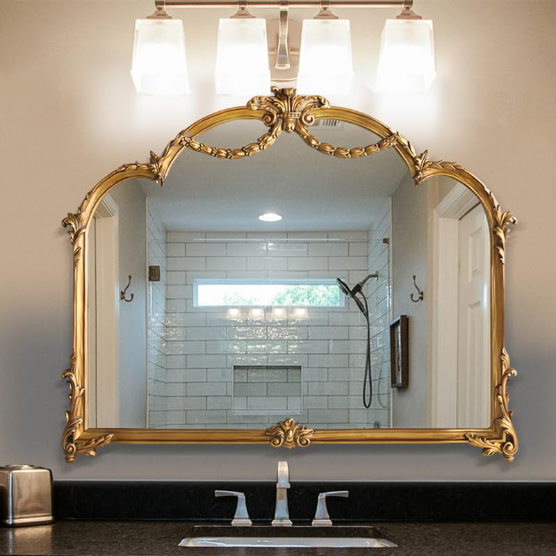 ESRADA Vintage Decorative Mirror,Antique Gold Wall Mounted Makeup Mirror Dressing Table Mirror, Bathroom Mirror gold-90 * 70cm