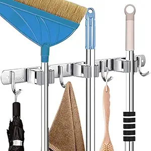 Zollyss Broom Mop Holder Wall Mount Stainless Steel Wall Mounted Storage Organizer Heavy Duty Tools Hanger with 3 Racks 4 Hooks for Kitchen Bathroom Closet Garage Office Garden-1Pc