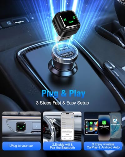 Image of 2-in-1 Wireless CarPlay and Android Auto Adapter, Plug and Play Dongle, Fast Auto-Connect, No Delay, for iPhone and Android, USB /USB-C Port, Black (Carplay-2106)
