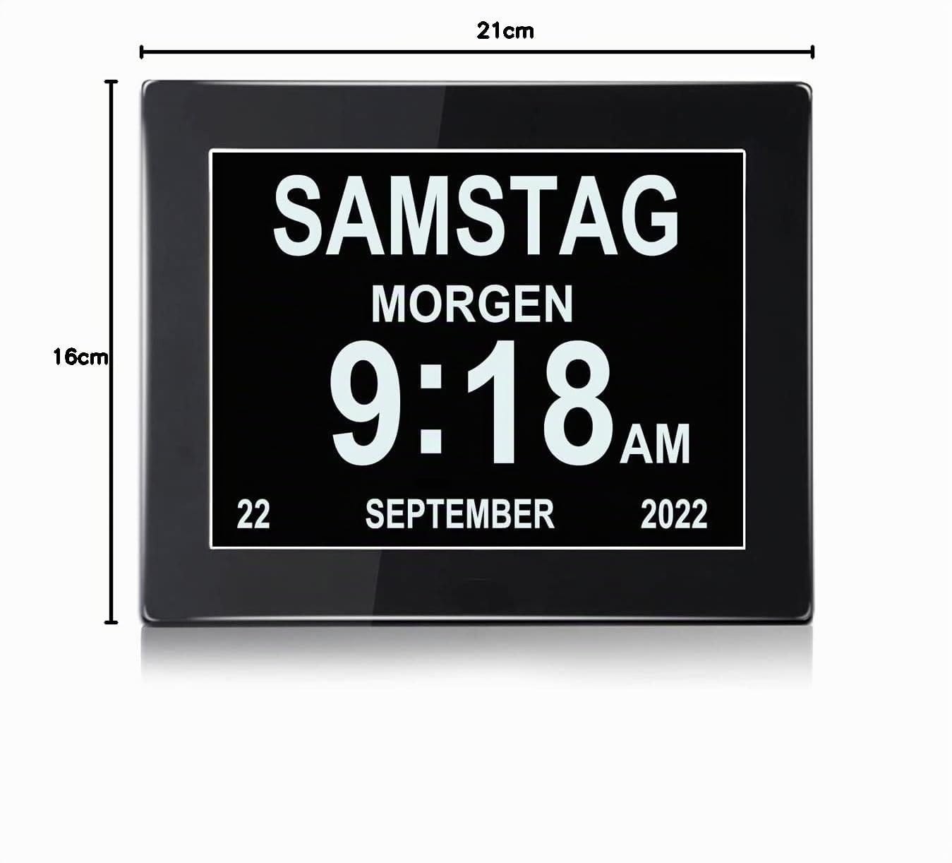 8 Zoll Digital Wecker, Digitaler Kalender Tag Uhr, Wecker Mehrere Modi mit Erinnerungsfunktion für Senioren, Demenz z.B. Alzheimer Patienten, Großer Schrift Elektronischer Kalender Tag Uhr - Schwarz