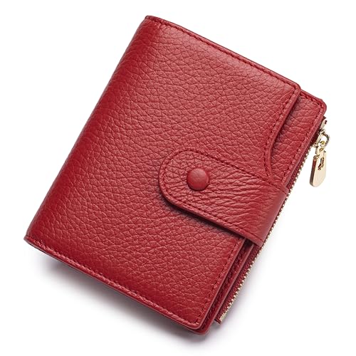 Image of Genuine Leather Wallets for Women RFID Blocking Bifold with Zipper Pocket, 2 ID Windows, 18 Card Slots, Red