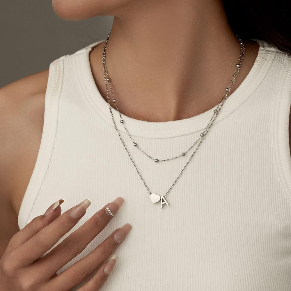VQYSKO Layered Initial Heart Necklace,14K Gold Plated Stainless Steel Tiny Heart Letter Necklace Layered Necklace for Women - Image 3