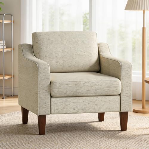 BestMassage Accent Chair, Beige Fabric Upholstered Armchair with Spring Cushion and High Density Foam, Solid Wood Legs, Mid Century Modern Chair for Living Room, Bedroom, Apartment