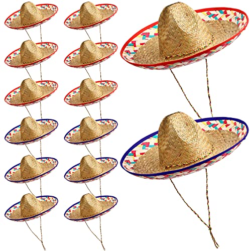 Mumufy 12 Pcs Sombrero Hats for Adult Men Women with Chinstrap Straw Hat Mexican Costume Party(Classic Color)