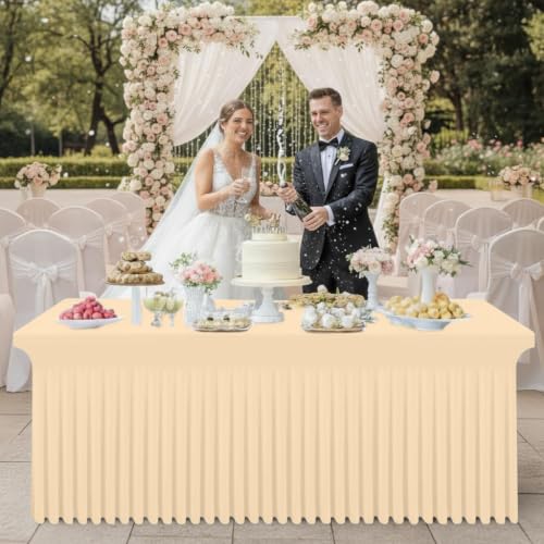 Image of Smiry Spandex Elastic Fitted Table Cloth Skirt for 8FT Rectangle Table | Stretch Washable Table Cloth, Banquet Table Cover for Wedding, Party, Indoor & Trade Shows, (Ivory, 96Lx30Wx30H)