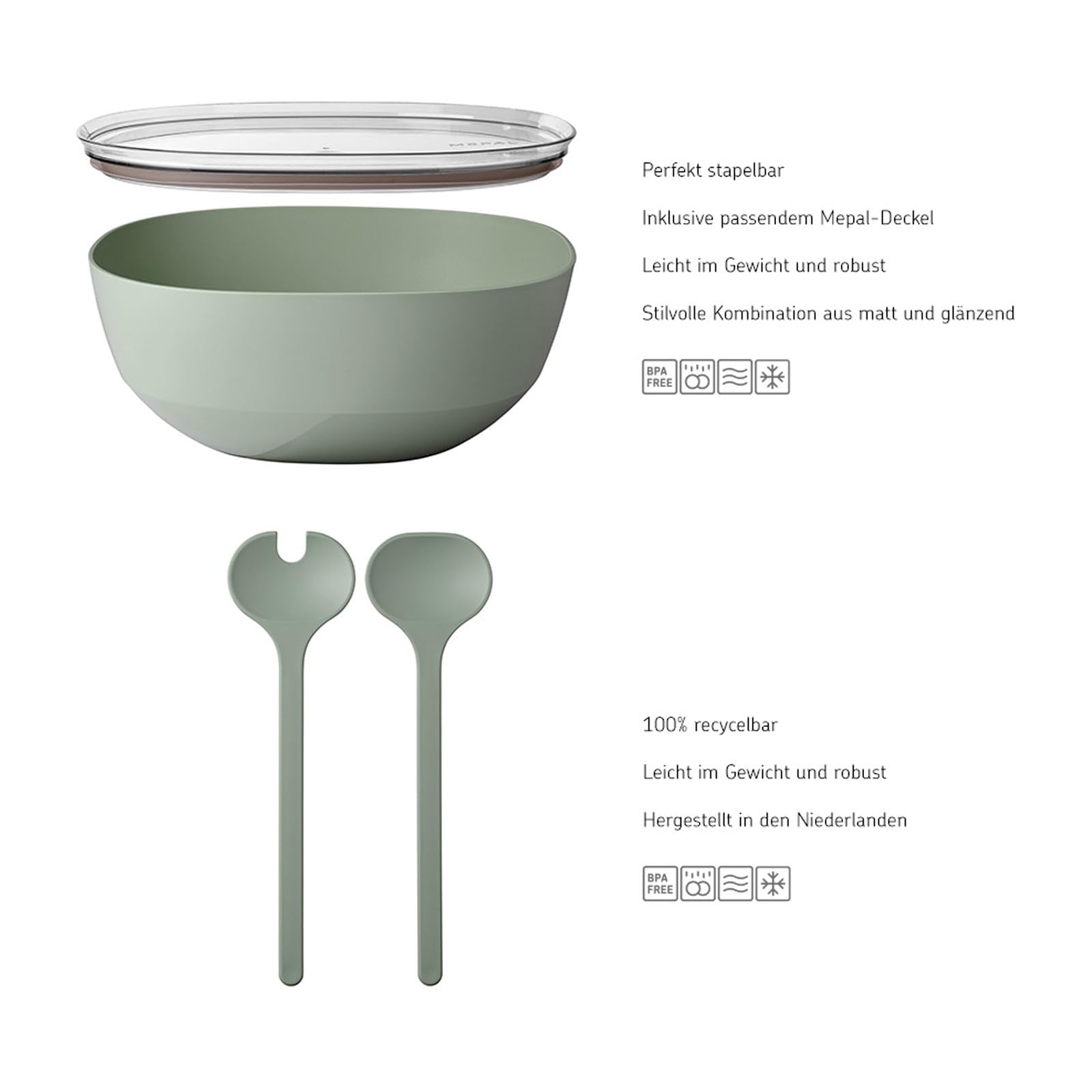 Mepal – Set di insalata Silueta – Ciotola da portata con coperchio (5000 ml) con posate da insalata (28,5 cm) – Piatti da servizio all'aperto – Lavabile in lavastoviglie e microonde – Plastica (PP,
