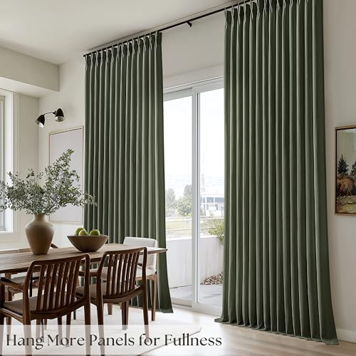 Image of Dark Green Pinch Pleated Semi Sheer Linen Curtains 90 Inch Long for Bedroom | Hunter Green, Light Filtering Privacy, Living Room Classroom, Faux Textured, Hook Rings Memory Shape, Elegant Luxury, Drapes