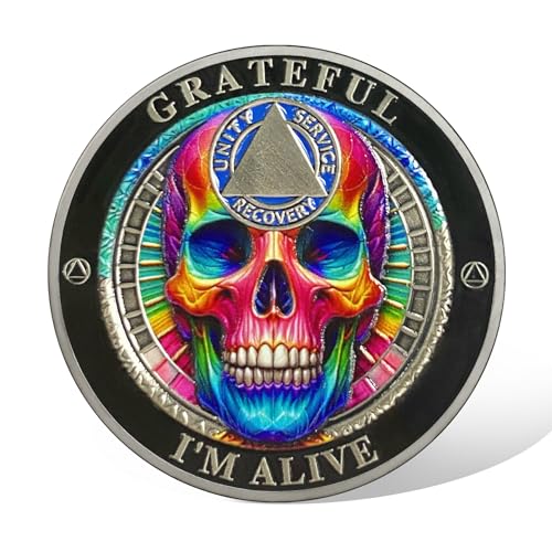 Colourful Skull Sobriety Coin Sobriety Chip Alcoholics Anonymous Medallion AA Chips and Medallion Serenity Prayer Coin Recovery Coins Anniversary Token Sober Gifts for Men Women - Image 2