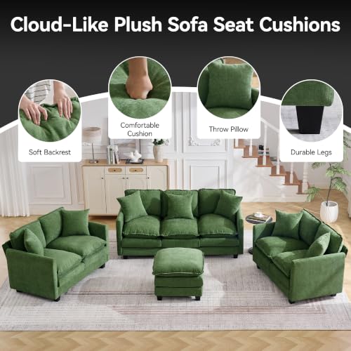 Image of Cloud 3 Pieces Sofa Set, 1+2+3 Seater Couch, Modern Sofas Sets with Deep Seat, Modular Sectional Couches Sets for Living Room, Bedroom, Small Apartment, Dark Green