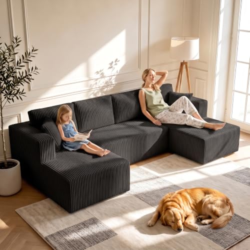 Image of 130 inch Boneless Couch U-Shaped Sectional Sofa, Black
