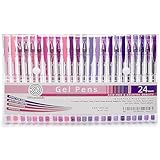 OfficeGoods Pink & Purple Gel Pen Set with 24 Premium Colors Plus a Full Set of Refills = 48. Perfect for Adult Coloring - Your Art Will Pop Off the Page - Glitter, Shimmer Metallic & Classic