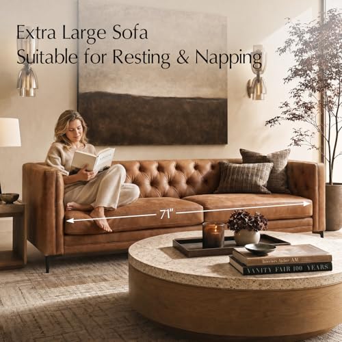 Image of HULALA HOME 84 inch W Faux Leather Sofa Couch with Metal Legs, Button-Tufted 3-Seater Sofa, Mid Century Modern Upholstered Couch for Living Room, Entertainment Area, Apartment,Camel