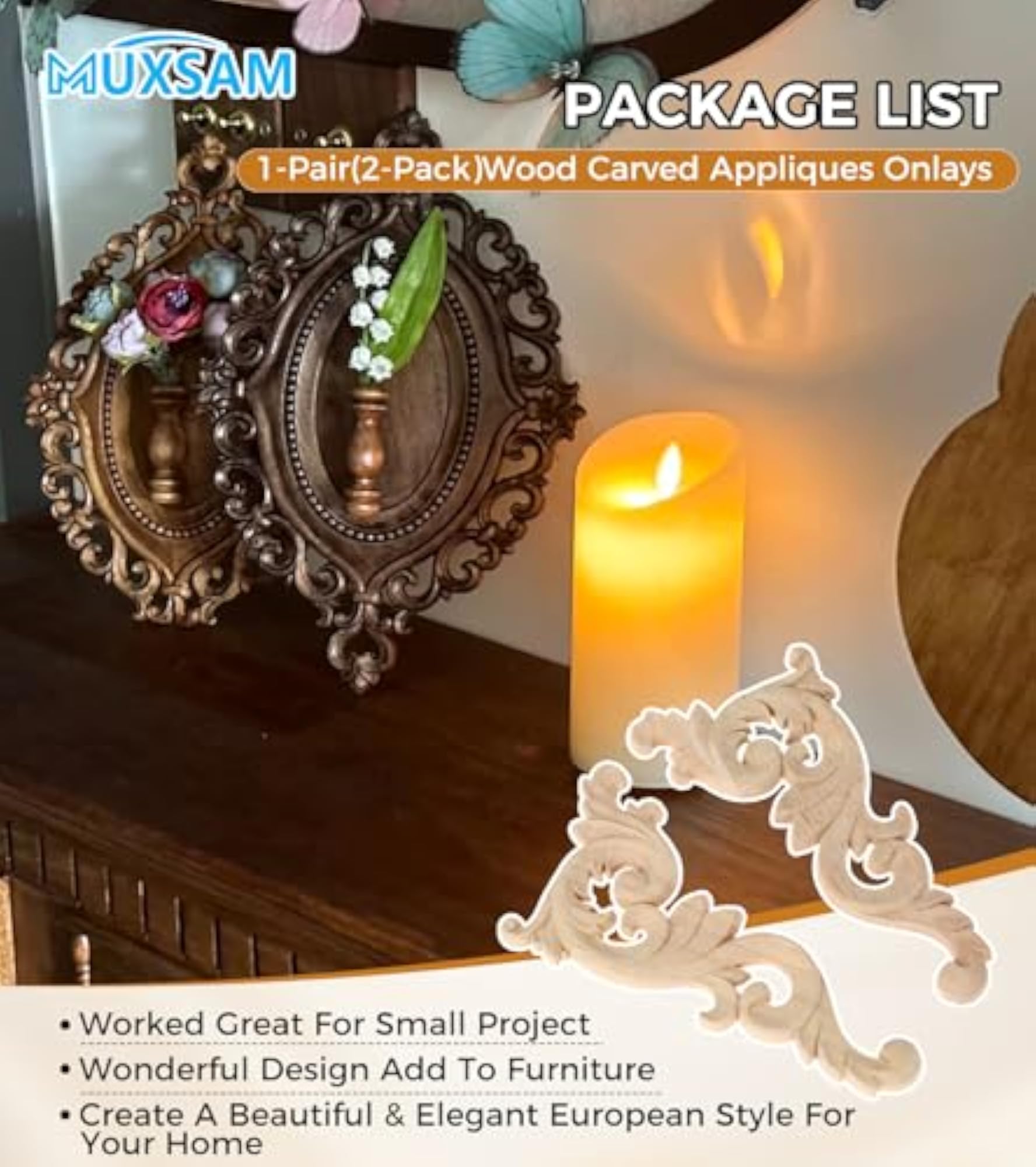 Unpainted Small Wooden Carvings Decals, 1 Pair