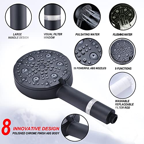 Goesmo 9 Spray Modes High-Pressure Handheld Showerhead With Filter, 59” Plating Double Buckle Shower Hose, 2 Rubber Washer, 1 Teflon Tape, 1 Shower Holder, Abs Nozzles, Bathroom Shower Set Black #TOP2