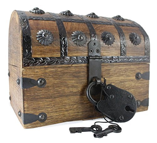 Well Pack Box Pirate Treasure Chest Wooden Iron Lock Skeleton Key Small 11x 6 x 5 Wood Storage Decorative Keepsake Box