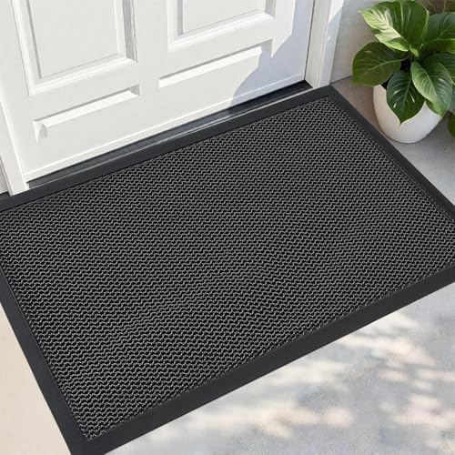 PLEASOR Front Door Mat Indoor Outdoor Entrance, Sturdy Natural Rubber Doormat, Resists Dirt and Absorbent, Low Profile Welcome Mat for Outdoor Entry, 17x30, Grey