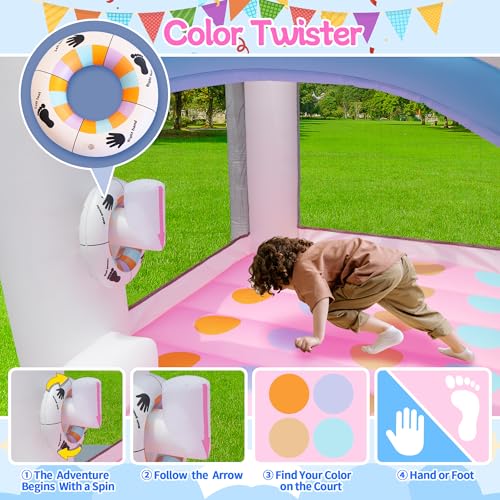 Bestsun Inflatable Bounce House for Kids, 104\" X 72\" X 71\" Bouncy Castle for Ages 3-8, Bouncer with Slide, Jumping Area, Basketball Hoop, Twister Game, Blower Included