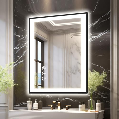 Megatex 20x28 LED Bathroom Mirror for Wall, Black (Metal, Aluminum) Framed, Front Light and Backlit, 3 Colors and Dimmable Vanity Mirror, Anti-Fog, Shatter-Proof, Memory (Horizontal/Vertical)