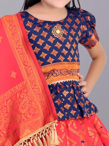 Image of Girls Pattu Pavadai Ready to Wear Lehenga, Blouse & Dupatta Set - Heavy Jacquard Fabric, Fully Stitched