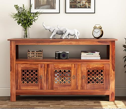 Image of Wooden Sideboard Cabinet with Storage Doors | Modern Console Table for Living Room, Dining Room & Entryway | Multipurpose Buffet Cabinet (Honey Finish)