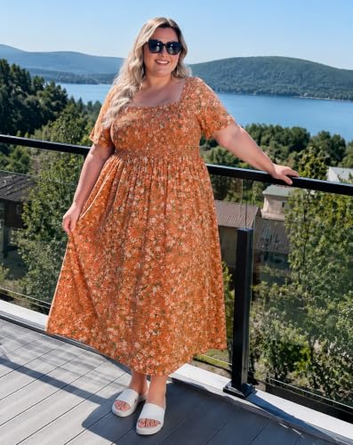 Image of RITERA Plus Size Dresses for Curvy Women Square Neck Short Sleeve Summer Floral Smocked Maxi Dress with Pocket XL-5XL