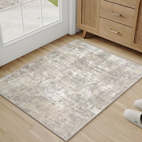 Machine Washable Area Rug 2x3 Beige Gray Entryway Entrance Neutral Door Mat Kitchen Indoor Accent Modern Abstract Low Pile Carpet Non Slip Distressed Throw Rug Bathroom Bedroom Office