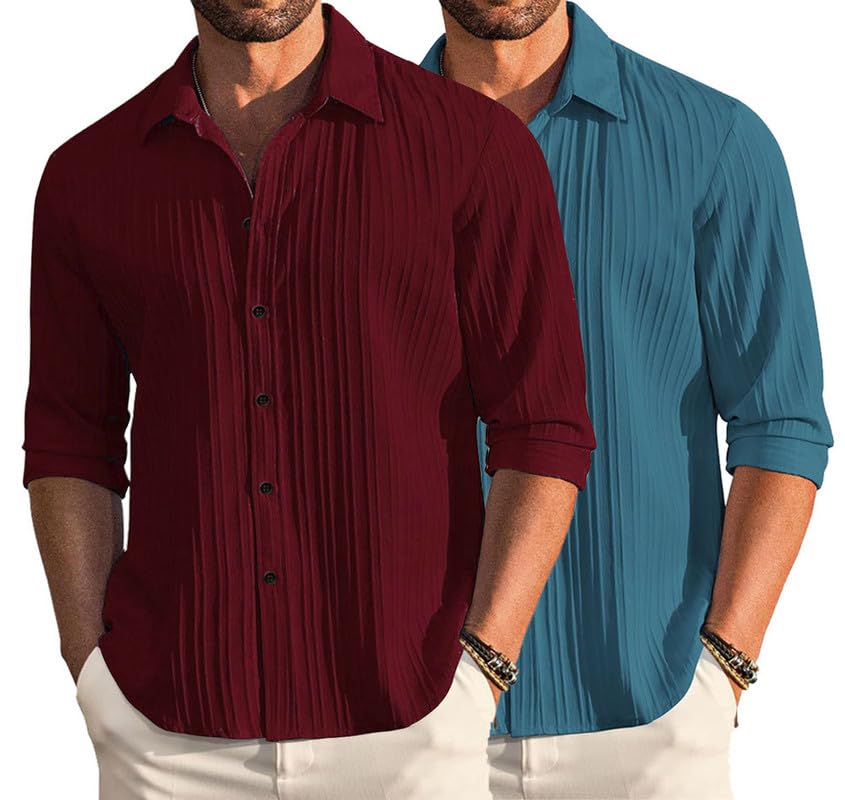 Image of DEELMO Combo of Men's Casual Button Down Shirts Long Sleeve Linen Shirt Fashion Textured Summer Shirts Pack of 2