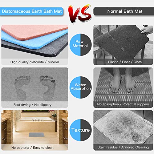 Diatomaceous Earth Bath Mat, DZY Nonslip Absorbent Bath Mat - Fast Drying Hard Bathroom Floor Shower Mats with Additional Anti-slip Mat, Sandpaper, 23.62 x 15.35 inch, Grey by DZY - Image 3