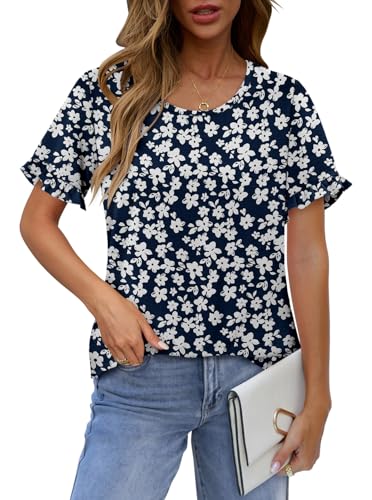 CRAZY GRID Women's Shirts Summer Casual Crewneck Ruffle Short Sleeve Blouses Cute Floral Print Tunic Tops