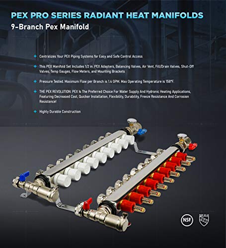 Image of Midline Valve NQT109 PEX Manifold 1 /2 in. for Radiant Heating System; with Valves, Vents, Gauges, and Mounting Brackets; Stainless Steel; 9 Port