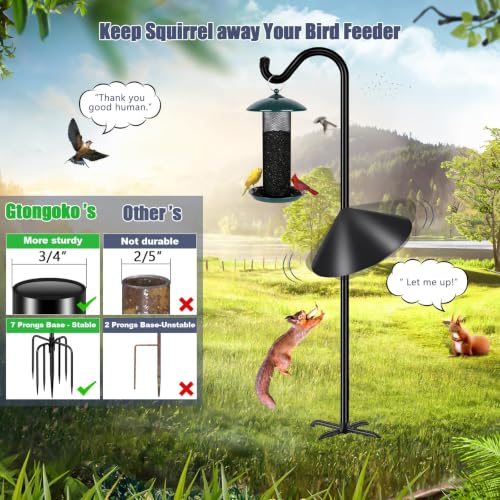 Image of Gtongoko Bird Feeder Pole Squirrel Proof 108 Inch Shepherds Hook | 7 Prongs Base, Squirrel Baffles, Adjustable Heavy Duty, Hanging Plants & Feeders, Black