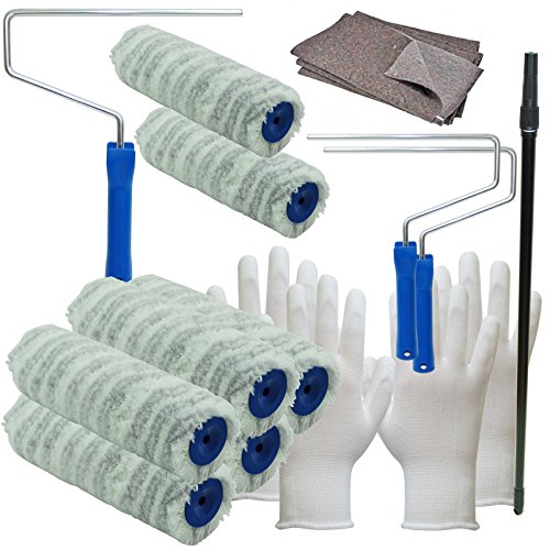 ACRYL Set Maler Renovierung Farbroller Malerwalze Teleskopstangen + Arbeitshandschuhe Cover