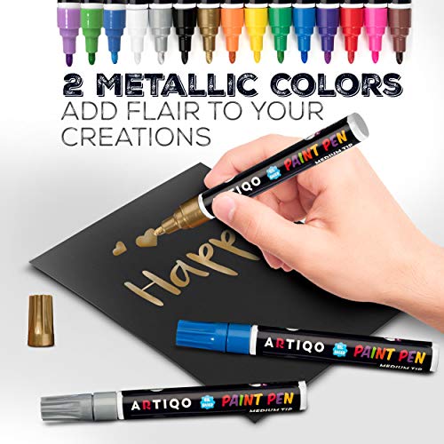 Artiqo Paint Pens For Rock Painting - Wood, Glass, Metal And Ceramic Works On Almost All Surfaces Set Of 15 Vibrant Medium Tip Oil Paint Marker Pens, Quick Dry, Water Resistant #TOP2
