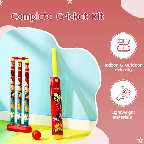 Image of Amazon Brand Jam & Honey Mickey Mouse Cricket Set for Kids, BIS Safe for Kids, Complete Cricket Kit with Bat Ball Stumps Bails and Holder, Indoor Outdoor Sports Toy for Kids Age 3+ Years
