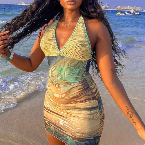 Image of Women Floral Mini Dress Bohemian Spaghetti Strap Sleeveless Bodycon A-Line Dress Short Cami Swing Dress Clubwear Y2K