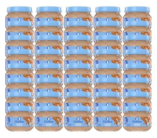 Gerber Baby 2nd Foods Baby Food, Turkey & Gravy,Non-GMO Pureed Baby Food with Essential Nutrients Glass Jar, 2.5 Ounce (Pack of 40)