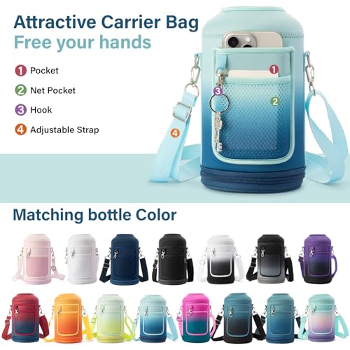 Insulated Water Bottle | Thickened Stainless Steel Vacuum Metal | Portable Sports Half Gallon Large Water Jug for Gym and Hiking with Straw, Carrier Bag, Handle Strap | BPA-Free 64 oz