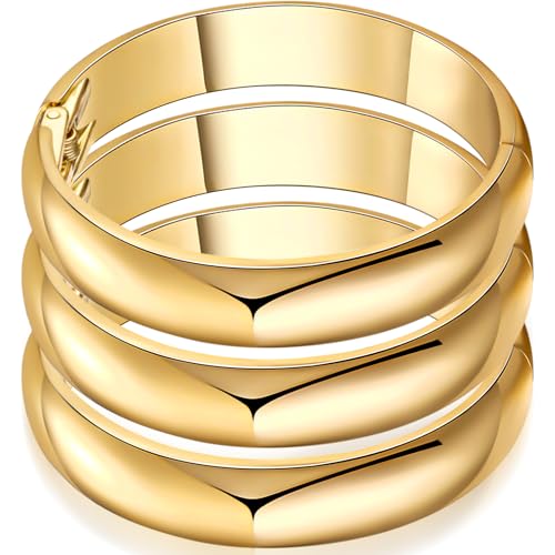Gold Bangles Bracelets Set for Women Gold Polished Chunky Bangle Trendy Wide Chunky Cuff Bangle Jewelry Gift 3 Pcs