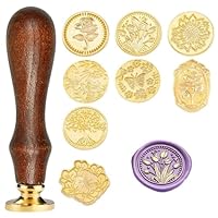 8 Stück Blumen Wachssiegel Stempel + 1 Holzgriff Satiskid, Rundes Siegelwachs Set mit 8 Wechselbaren Köpfen für Hochzeit, Einladungen & Geschenke