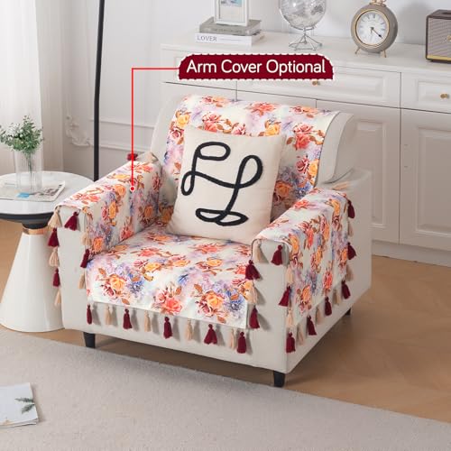 Image of HOKIPO Sofa Cover with Tassel for 1 Seater Sofa | Full Protection for Seat and Back | Printed Holland Velvet Fabric | 'Whispers of Nature' (160x60 cm), Vintage Rose Bloom (IN-1125-D12)